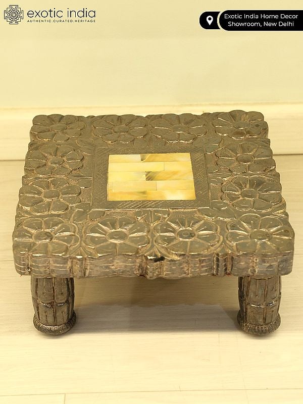 Exotic India 8" Designer Square Chowki/Pedestal | 92.5 Silver Cladding On Wood With MOP Inlay 