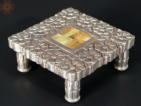 Exotic India 8" Designer Square Chowki/Pedestal | 92.5 Silver Cladding On Wood With MOP Inlay 