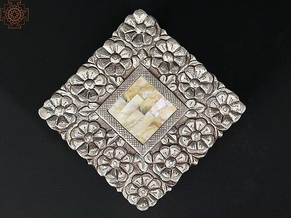 Exotic India 8" Designer Square Chowki/Pedestal | 92.5 Silver Cladding On Wood With MOP Inlay 