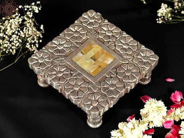 exotic india 8" Designer Square Chowki/Pedestal | 92.5 Silver Cladding on Wood with MOP Inlay 