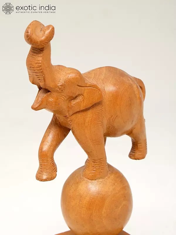Exotic India 8" Elephant Playing With Ball | Wood Home Decor Item 