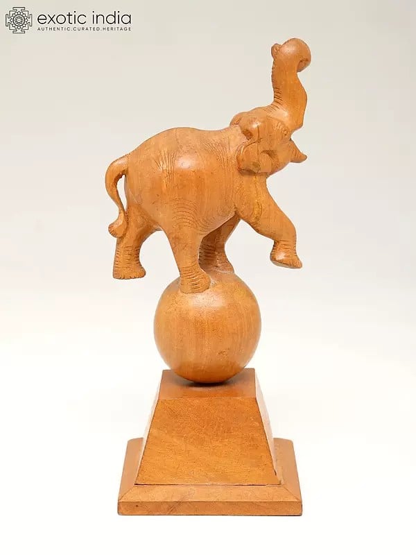 exotic india 8" Elephant Playing With Ball | Wood Home Decor Item