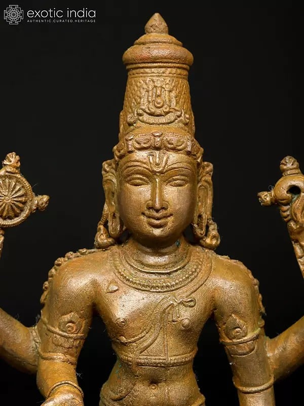 Exotic India 8" Four Armed Standing Lord Vishnu | Madhuchista Vidhana (Lost-Wax) | Panchaloha Bronze From Swamimalai 