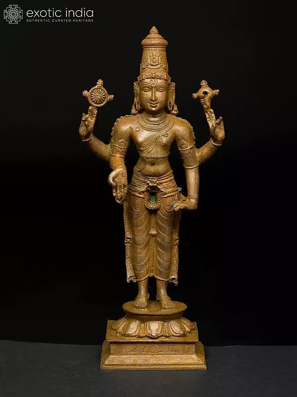 exotic india 8" Four Armed Standing Lord Vishnu | Madhuchista Vidhana (Lost-Wax) | Panchaloha Bronze from Swamimalai 
