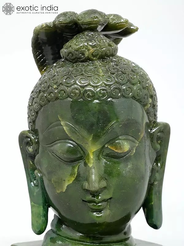 Exotic India 8" Gautam Buddha Head With Protective Snake | Green Stone Statue | Made In Orissa 