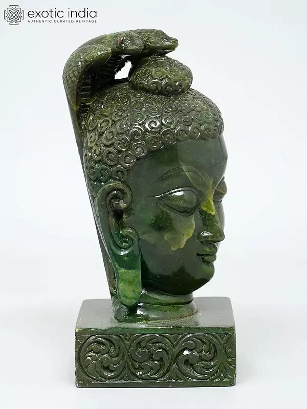 Exotic India 8" Gautam Buddha Head With Protective Snake | Green Stone Statue | Made In Orissa 