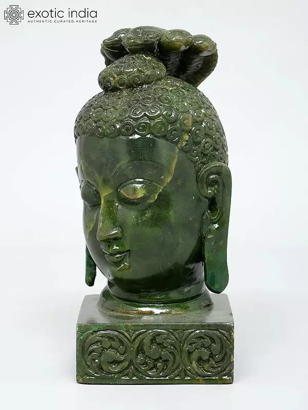Exotic India 8" Gautam Buddha Head With Protective Snake | Green Stone Statue | Made In Orissa 
