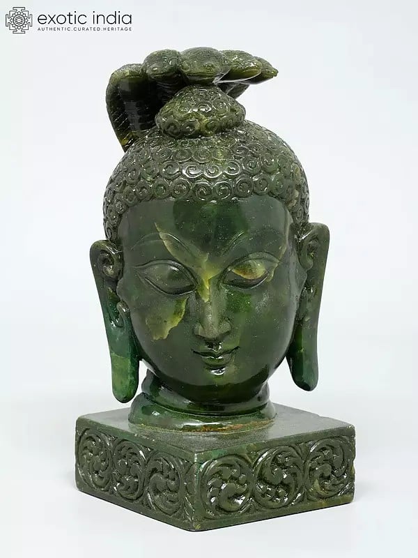 exotic india 8" Gautam Buddha Head with Protective Snake | Green Stone Statue | Made In Orissa 