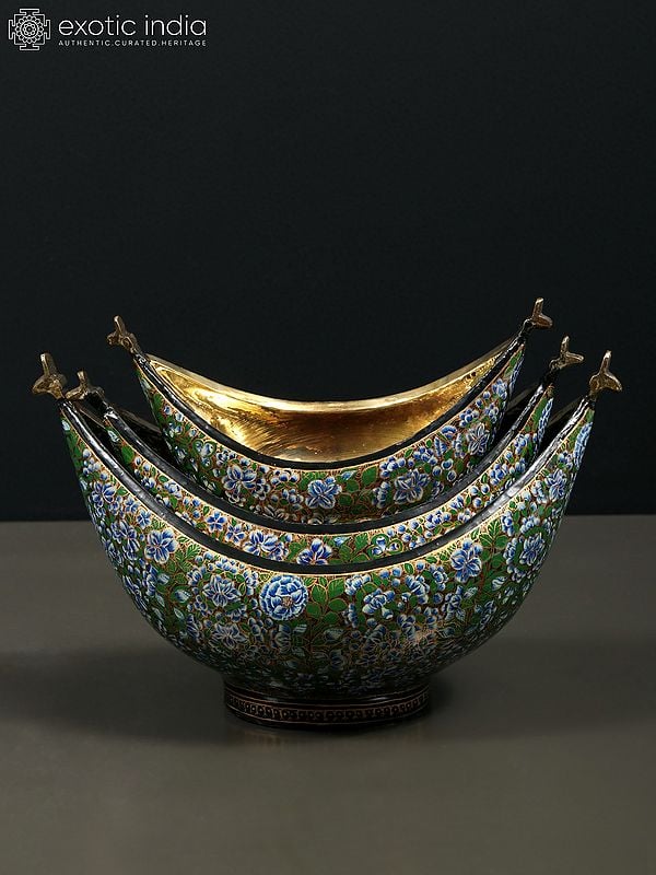 Exotic India 8" Hand Painted Boat Shaped Papier Mache Kashmiri Bowls (Set Of 3) With Brass Inside 