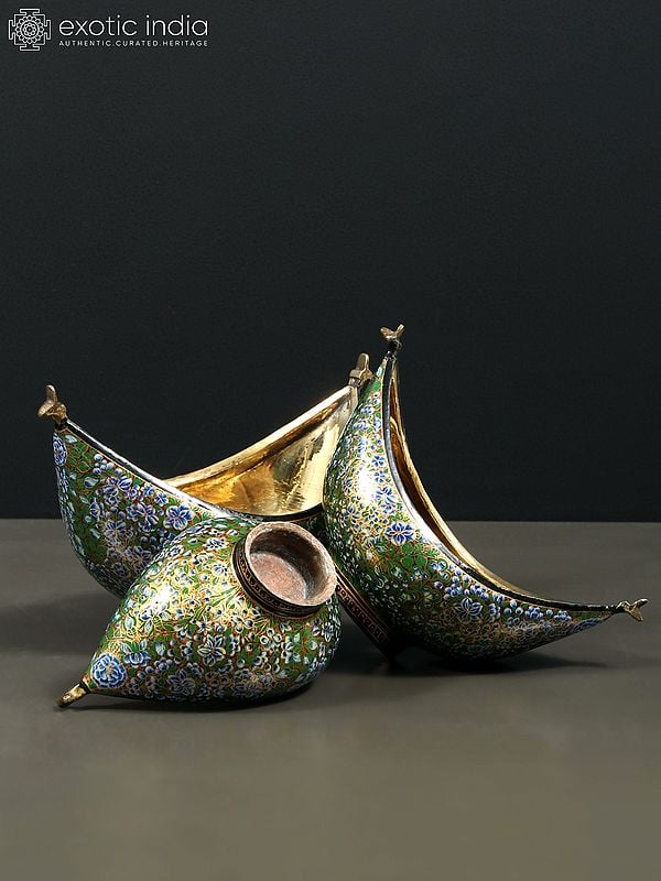 Exotic India 8" Hand Painted Boat Shaped Papier Mache Kashmiri Bowls (Set Of 3) With Brass Inside 