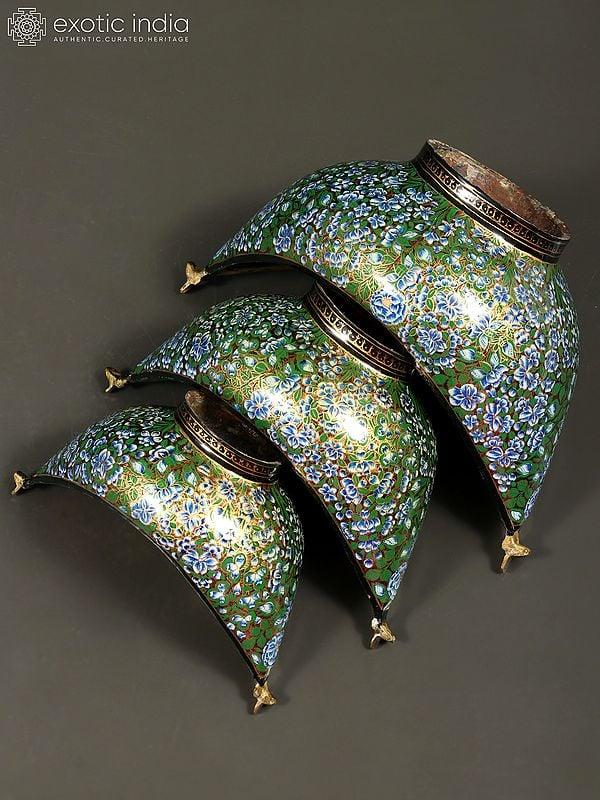 Exotic India 8" Hand Painted Boat Shaped Papier Mache Kashmiri Bowls (Set Of 3) With Brass Inside 