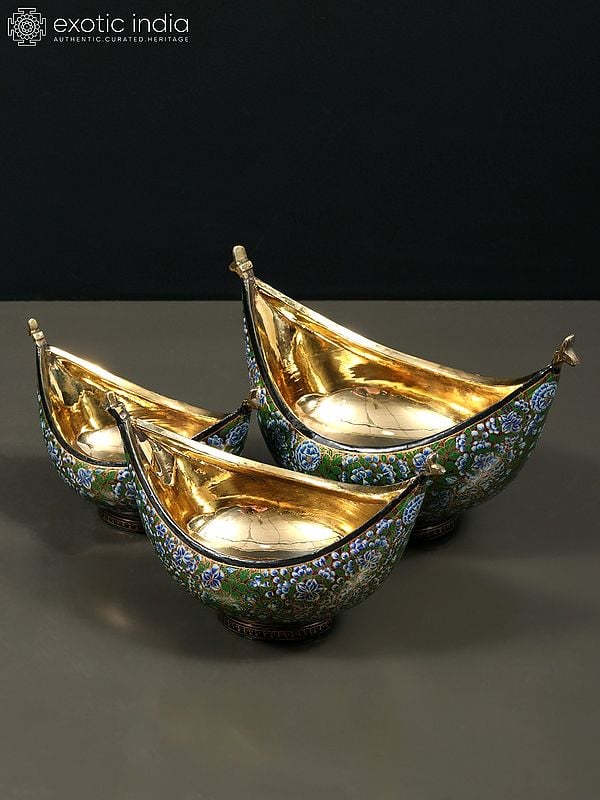 exotic india 8" Hand Painted Boat Shaped Papier Mache Kashmiri Bowls (Set of 3) with Brass Inside 