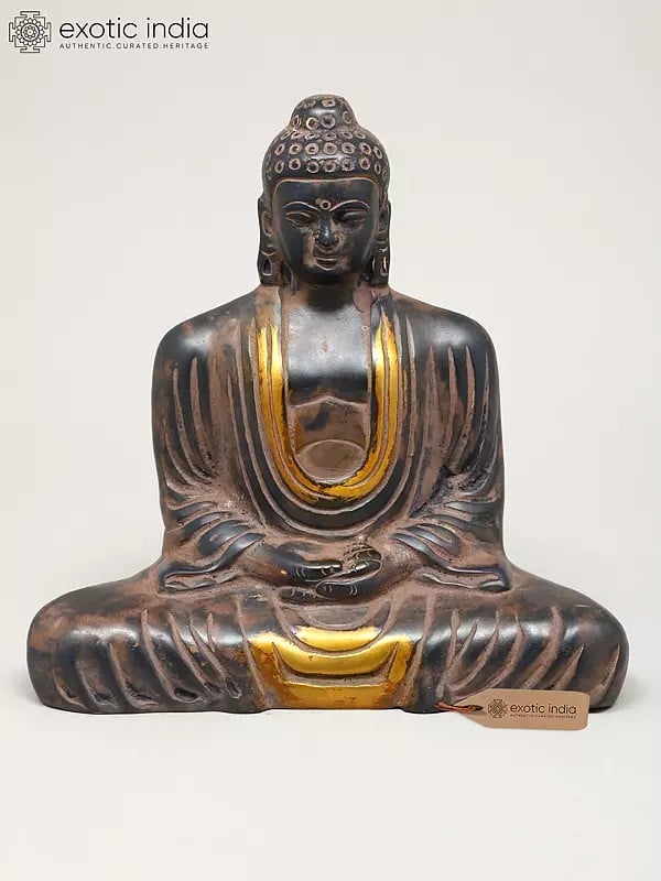 exotic india 8" Lord Buddha in Dhyan Mudra | Brass Statue 