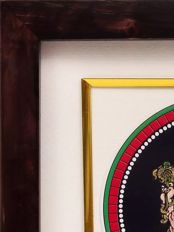 Exotic India 8" Lord Ganesha Seated On Pedestal | Framed Ganjifa Painting
