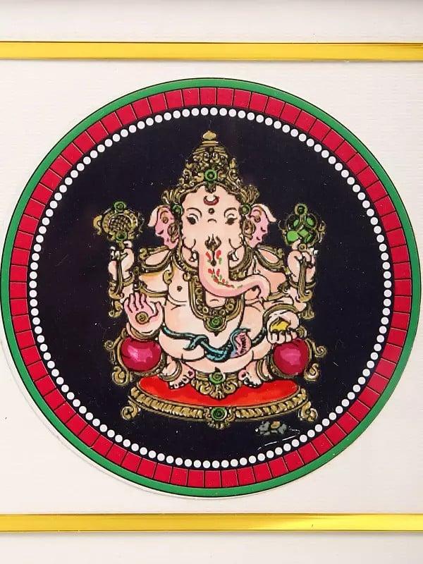 Exotic India 8" Lord Ganesha Seated On Pedestal | Framed Ganjifa Painting