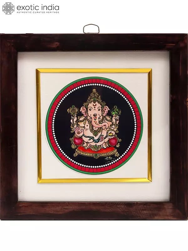 exotic india 8" Lord Ganesha Seated on Pedestal | Framed Ganjifa Painting
