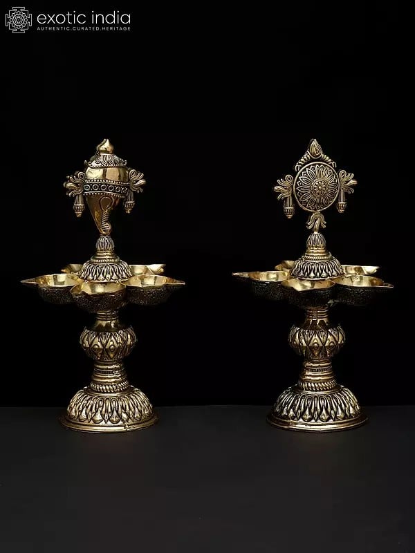 Exotic India 8" Pair Of Superfine Multi Wicks Conch And Chakra Lamps For Puja | Handmade | Made In India 