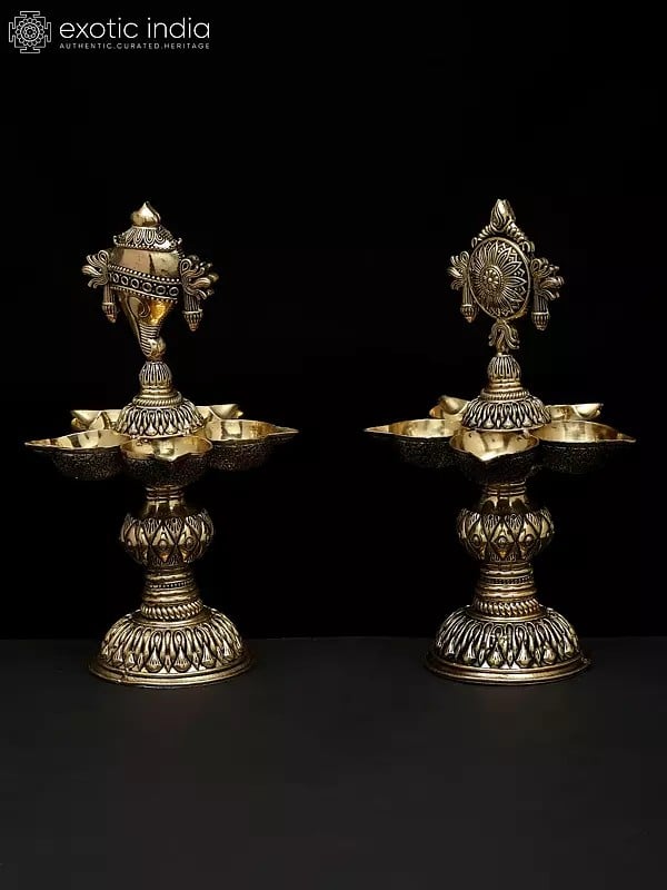Exotic India 8" Pair Of Superfine Multi Wicks Conch And Chakra Lamps For Puja | Handmade | Made In India 