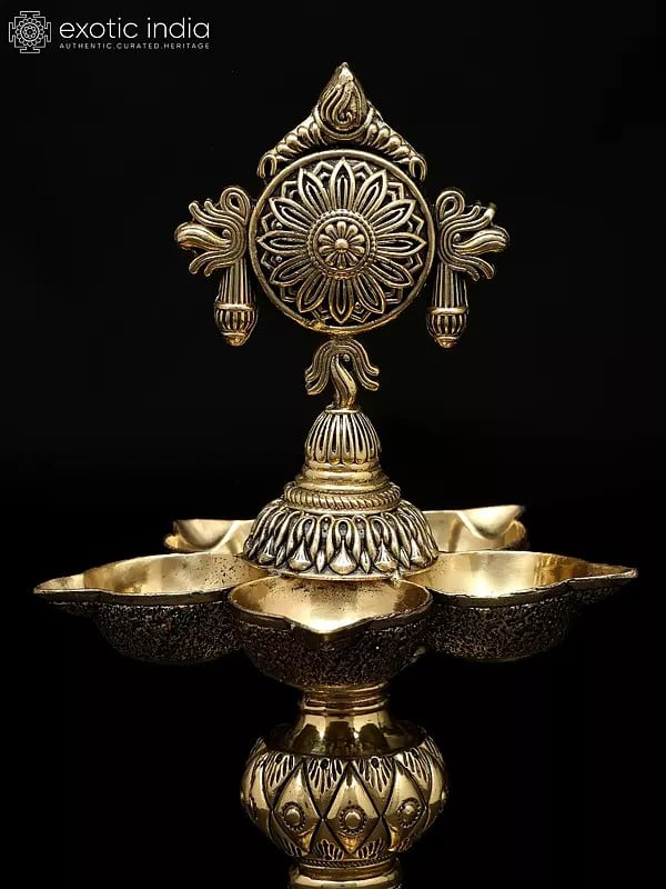Exotic India 8" Pair Of Superfine Multi Wicks Conch And Chakra Lamps For Puja | Handmade | Made In India 