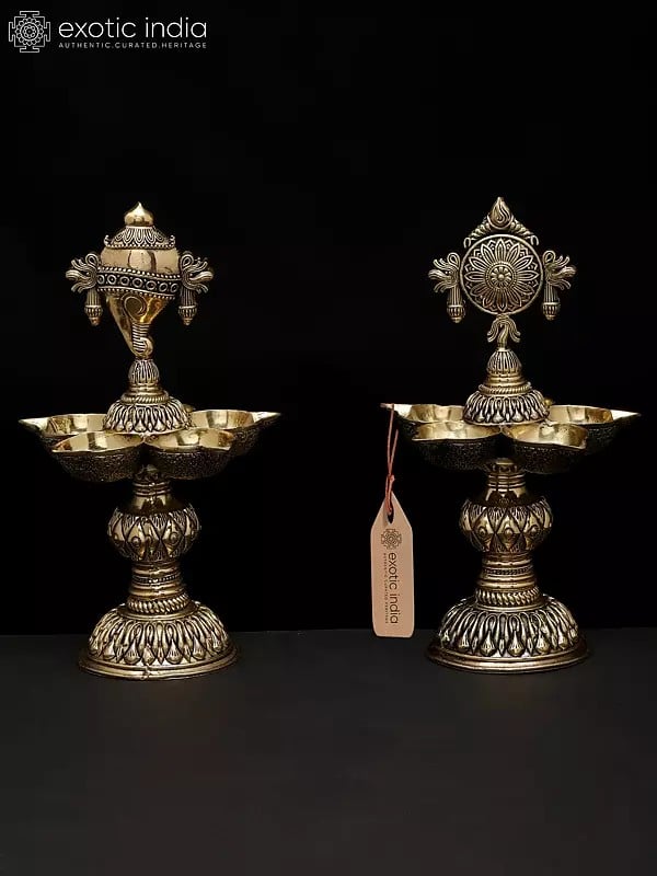 exotic india 8" Pair of Superfine Multi Wicks Conch and Chakra Lamps for Puja | Handmade | Made In India 