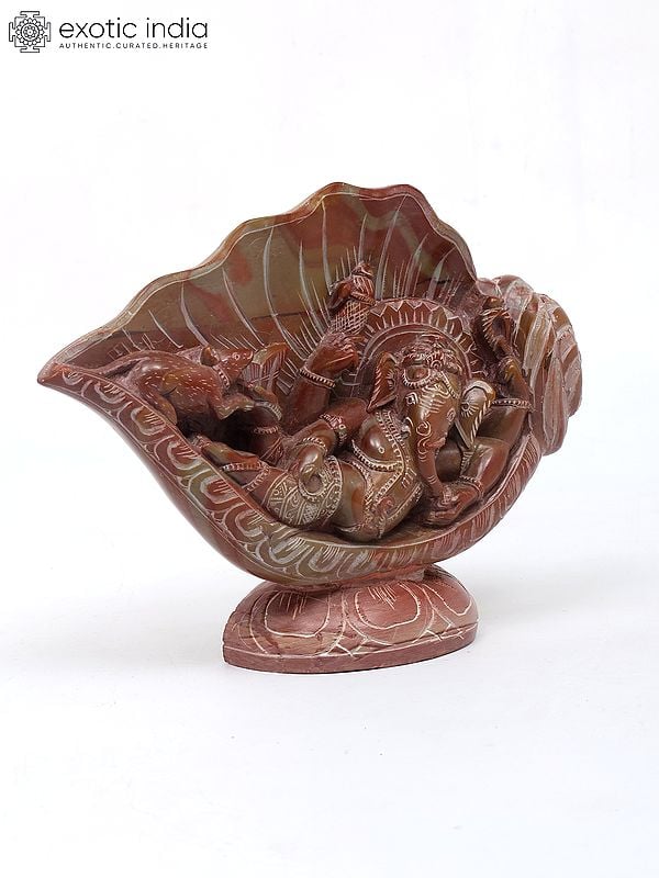 Exotic India 8" Relaxing Lord Ganesha Under The Conch | Relief Sculpture From Orissa 