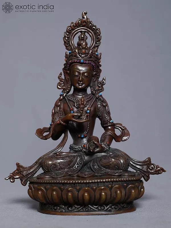 exotic india 8" Seated Tibetan Buddhist Deity Vajrasattva Copper Gold Plated Statue From Nepal 