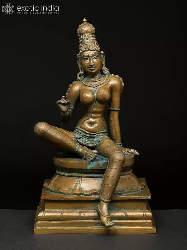 exotic india 8" Sitting Goddess Uma (Bhoga Shakti) | Madhuchista Vidhana (Lost-Wax) | Panchaloha Bronze from Swamimalai 
