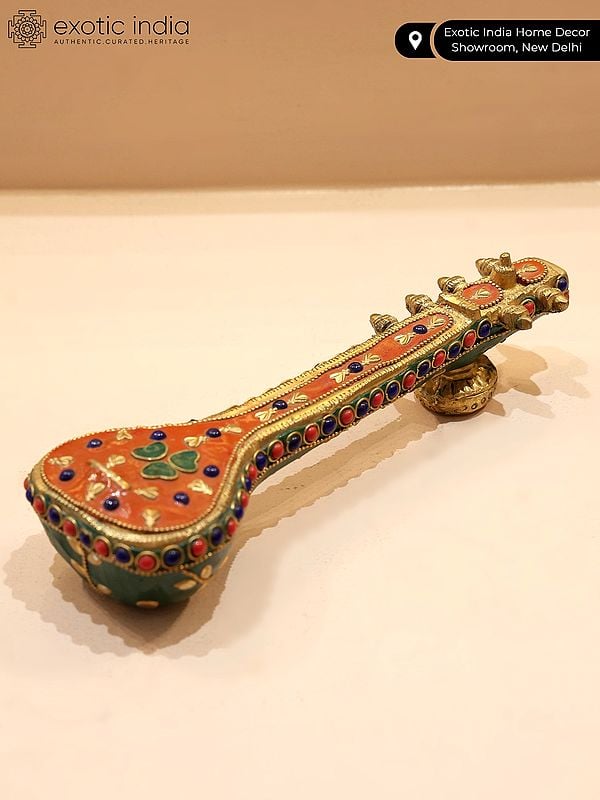 Exotic India 8" Small Veena In Brass With Inlay Work | Musical Decor 