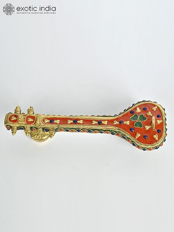 Exotic India 8" Small Veena In Brass With Inlay Work | Musical Decor 
