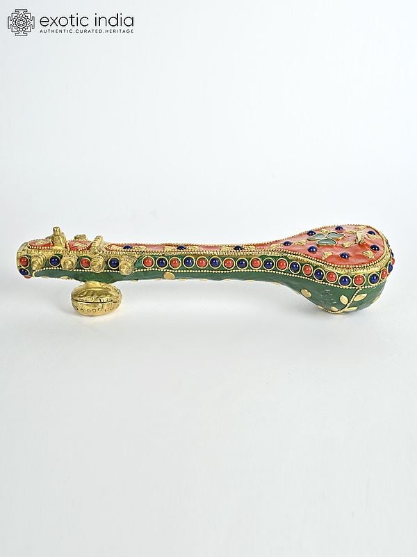 Exotic India 8" Small Veena In Brass With Inlay Work | Musical Decor 