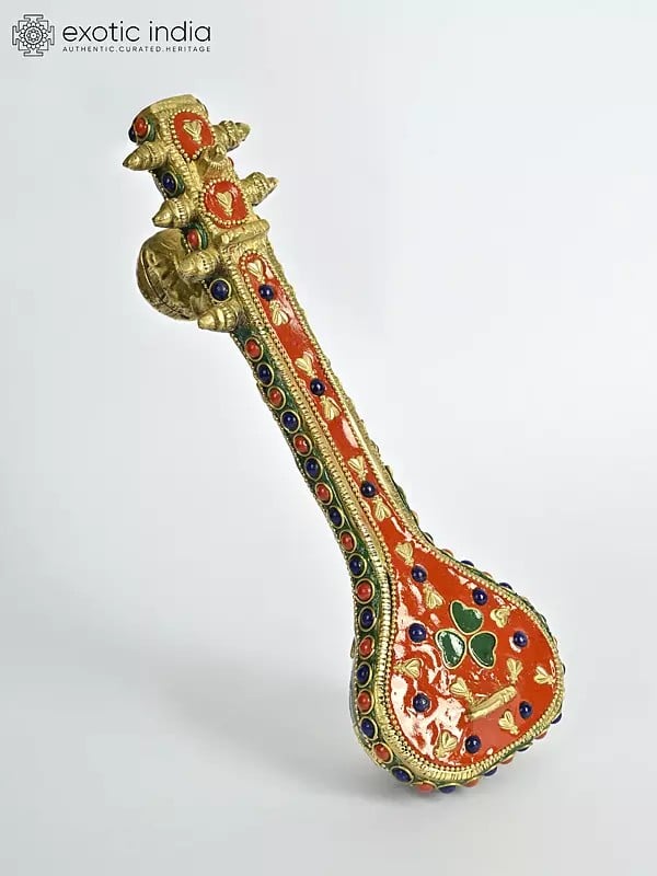 exotic india 8" Small Veena in Brass with Inlay Work | Musical Decor 