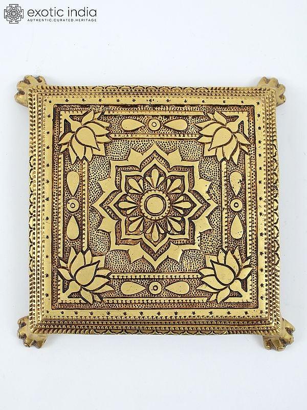 Exotic India 8" Square Shape Lotus Design Brass Chowki/Pedestal 