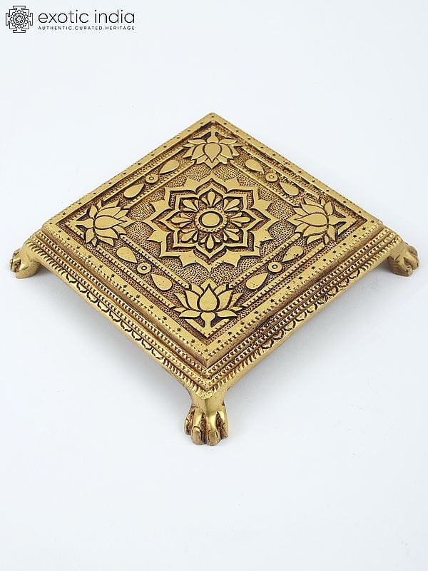 Exotic India 8" Square Shape Lotus Design Brass Chowki/Pedestal 