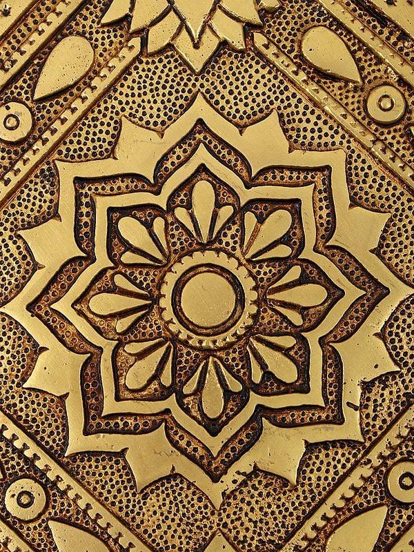 Exotic India 8" Square Shape Lotus Design Brass Chowki/Pedestal 
