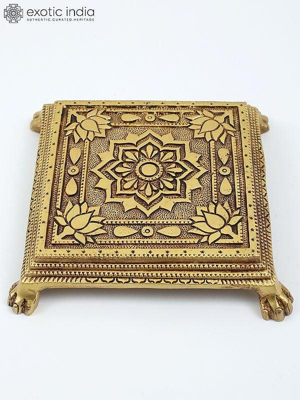 exotic india 8" Square Shape Lotus Design Brass Chowki/Pedestal 