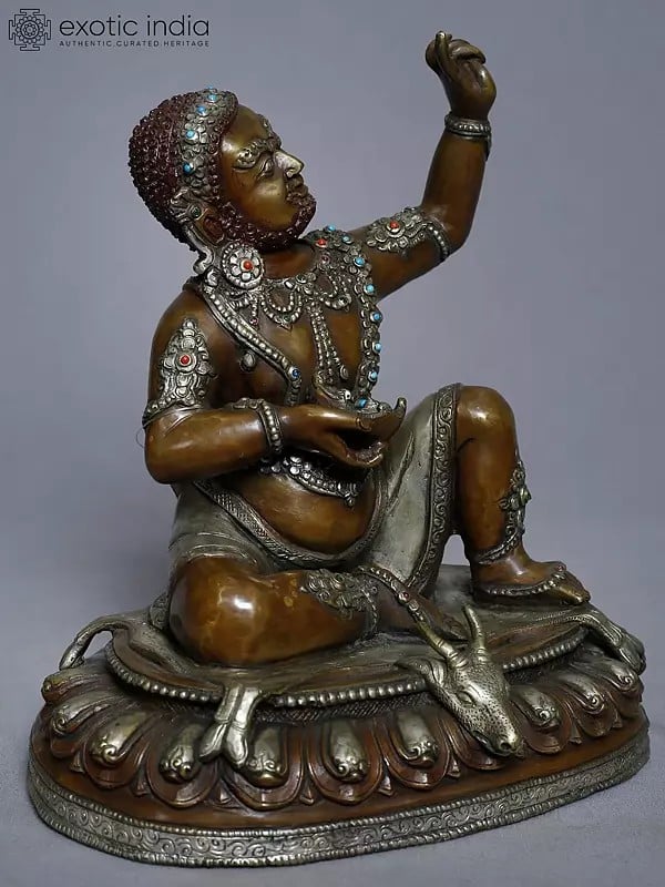 Exotic India 8" Statue Of Mahasiddha Virupa Statue In Copper Gold Plated From Nepal | Handmade 