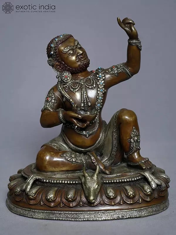 exotic india 8" Statue Of Mahasiddha Virupa Statue In Copper Gold Plated From Nepal | Handmade 