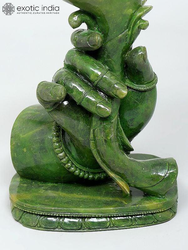 Exotic India 8" Stylish Hand Holding Flower Vase | Green Stone Statue | Made In Orissa 
