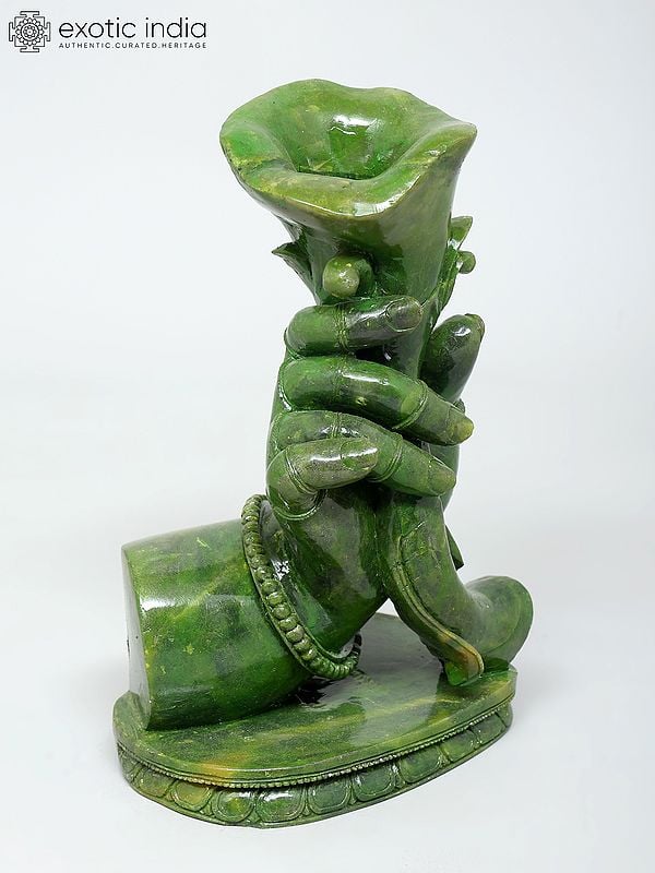 Exotic India 8" Stylish Hand Holding Flower Vase | Green Stone Statue | Made In Orissa 