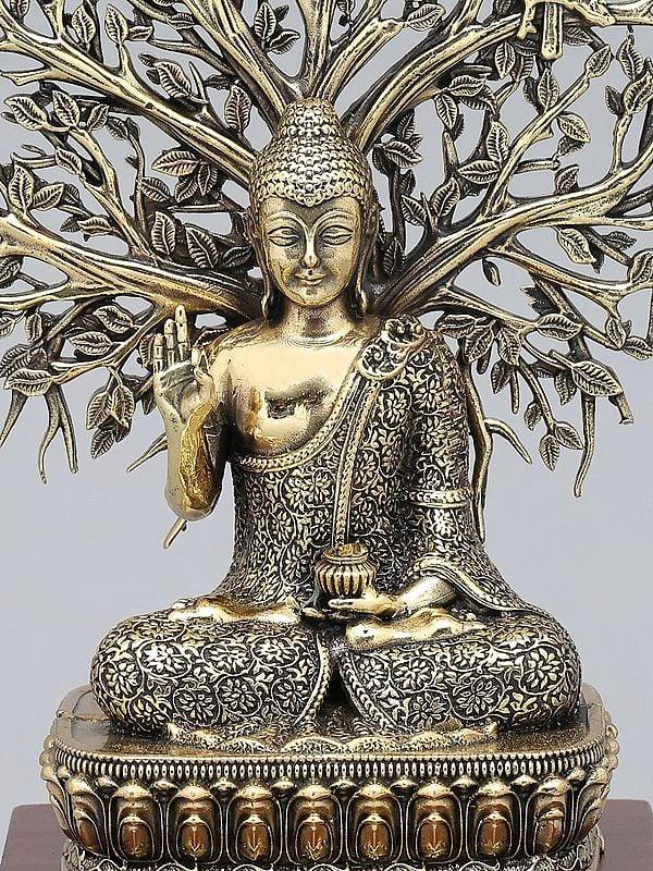 Exotic India 8" Superfine Lord Buddha Seated Under The Bodhi Tree On Wood Base | Brass Statue 