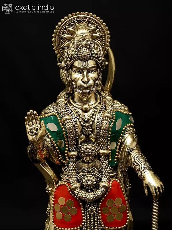 Exotic India 8" Superfine Standing Mahabali Hanuman In Blessing Gesture | Brass Statue With Inlay Work 