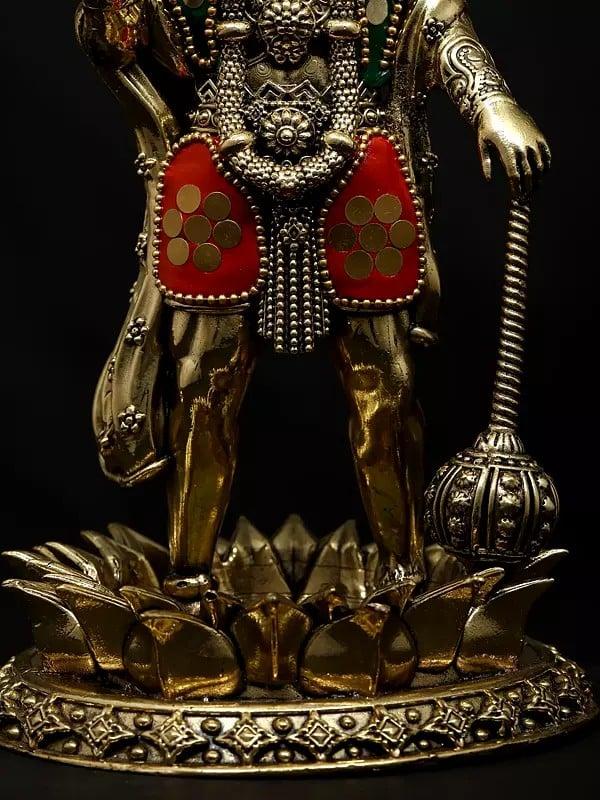 Exotic India 8" Superfine Standing Mahabali Hanuman In Blessing Gesture | Brass Statue With Inlay Work 