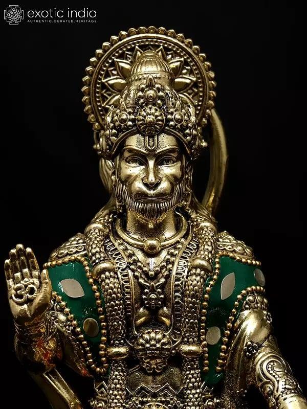 Exotic India 8" Superfine Standing Mahabali Hanuman In Blessing Gesture | Brass Statue With Inlay Work 