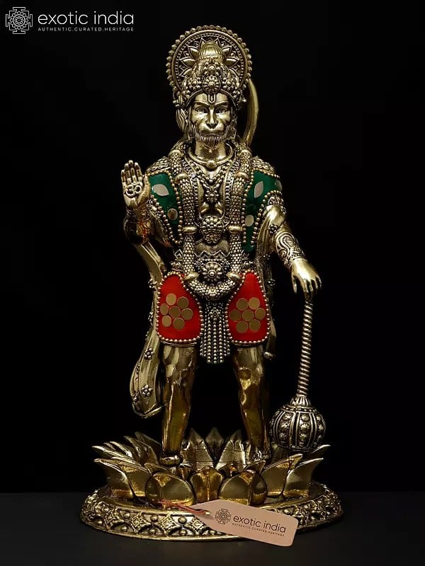 exotic india 8" Superfine Standing Mahabali Hanuman in Blessing Gesture | Brass Statue with Inlay Work 