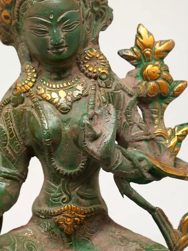 Exotic India 8" Tibetan Buddhist Goddess Green Tara | Brass Idol 
