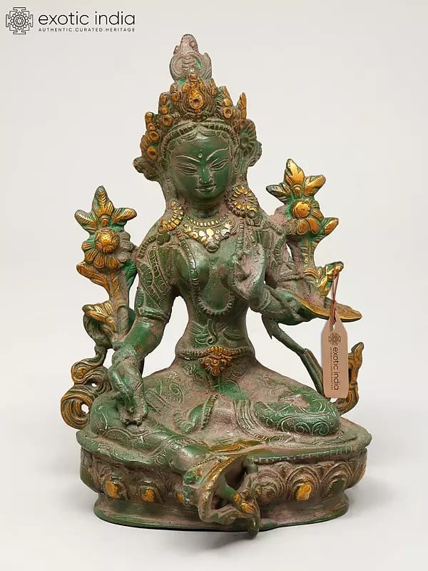 exotic india 8" Tibetan Buddhist Goddess Green Tara | Brass Idol 