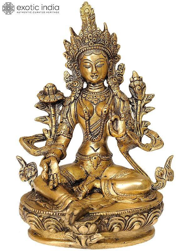 exotic india 8" Tibetan Buddhist Goddess Green Tara Brass Statue | Handmade | Made in India 