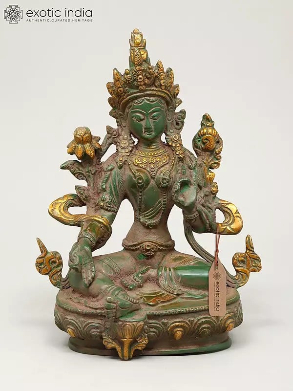 exotic india 8" Tibetan Buddhist Goddess Green Tara | Brass Statue 