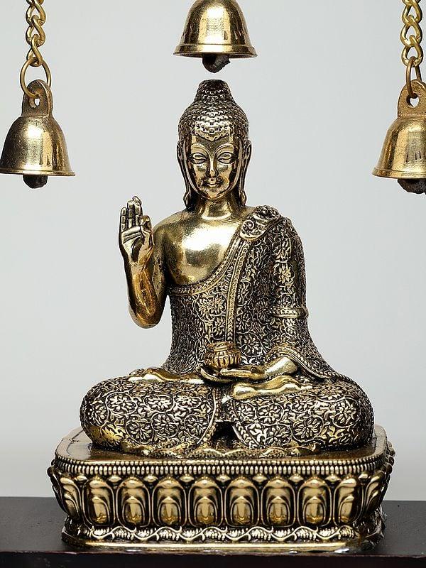 Exotic India 8" Wood Framed Superfine Sitting Lord Buddha In Brass | Wall Hanging 
