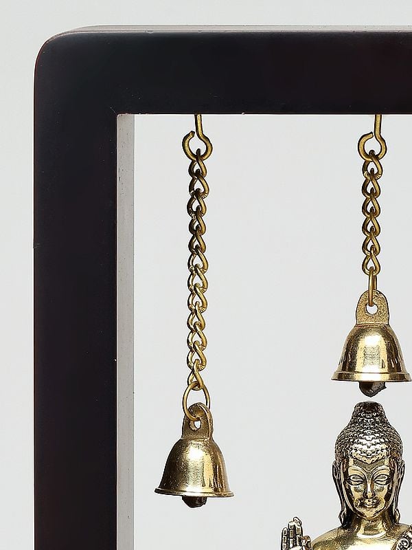 Exotic India 8" Wood Framed Superfine Sitting Lord Buddha In Brass | Wall Hanging 
